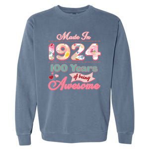 Pink Floral Made In 1924 100 Years Of Being Awesome Birthday Garment-Dyed Sweatshirt