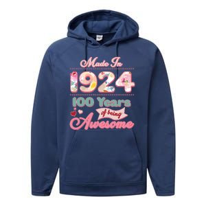 Pink Floral Made In 1924 100 Years Of Being Awesome Birthday Performance Fleece Hoodie