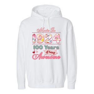 Pink Floral Made In 1924 100 Years Of Being Awesome Birthday Garment-Dyed Fleece Hoodie