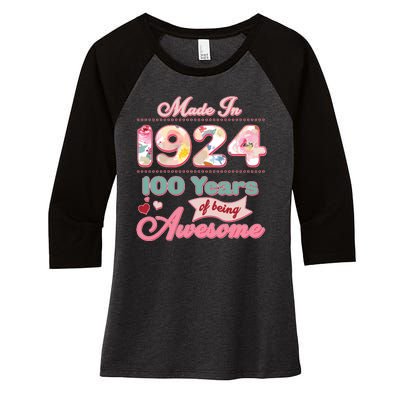 Pink Floral Made In 1924 100 Years Of Being Awesome Birthday Women's Tri-Blend 3/4-Sleeve Raglan Shirt