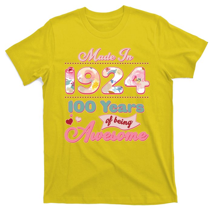 Pink Floral Made In 1924 100 Years Of Being Awesome Birthday T-Shirt