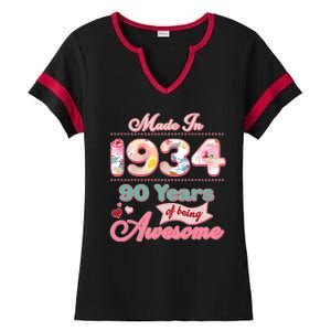 Pink Floral Made In 1934 90 Years Of Being Awesome Birthday Ladies Halftime Notch Neck Tee