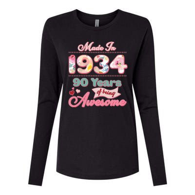 Pink Floral Made In 1934 90 Years Of Being Awesome Birthday Womens Cotton Relaxed Long Sleeve T-Shirt