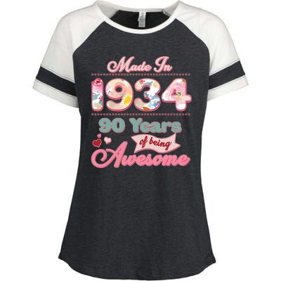 Pink Floral Made In 1934 90 Years Of Being Awesome Birthday Enza Ladies Jersey Colorblock Tee