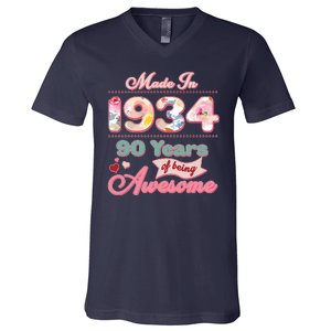 Pink Floral Made In 1934 90 Years Of Being Awesome Birthday V-Neck T-Shirt