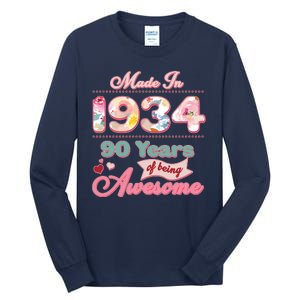 Pink Floral Made In 1934 90 Years Of Being Awesome Birthday Tall Long Sleeve T-Shirt