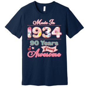 Pink Floral Made In 1934 90 Years Of Being Awesome Birthday Premium T-Shirt