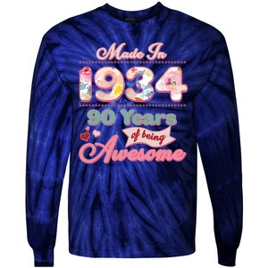 Pink Floral Made In 1934 90 Years Of Being Awesome Birthday Tie-Dye Long Sleeve Shirt