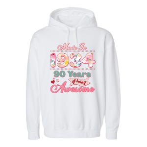 Pink Floral Made In 1934 90 Years Of Being Awesome Birthday Garment-Dyed Fleece Hoodie