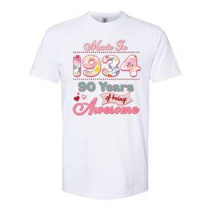 Pink Floral Made In 1934 90 Years Of Being Awesome Birthday Softstyle CVC T-Shirt