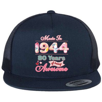 Pink Floral Made In 1944 80 Years Of Being Awesome Birthday Flat Bill Trucker Hat