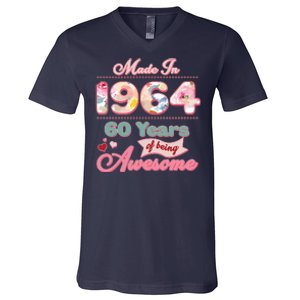 Pink Floral Made In 1964 60 Years Of Being Awesome Birthday V-Neck T-Shirt