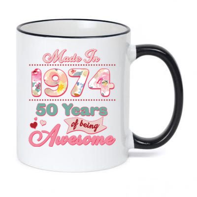 Pink Floral Made In 1974 50 Years Of Being Awesome Birthday 11oz Black Color Changing Mug