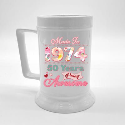 Pink Floral Made In 1974 50 Years Of Being Awesome Birthday Beer Stein