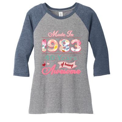 Pink Floral Made In 1983 40 Years Of Being Awesome Birthday Women's Tri-Blend 3/4-Sleeve Raglan Shirt