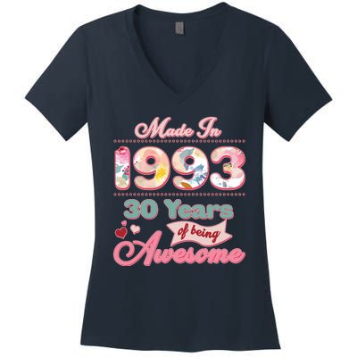 Pink Floral Made In 1993 30 Years Of Being Awesome Birthday Women's V-Neck T-Shirt