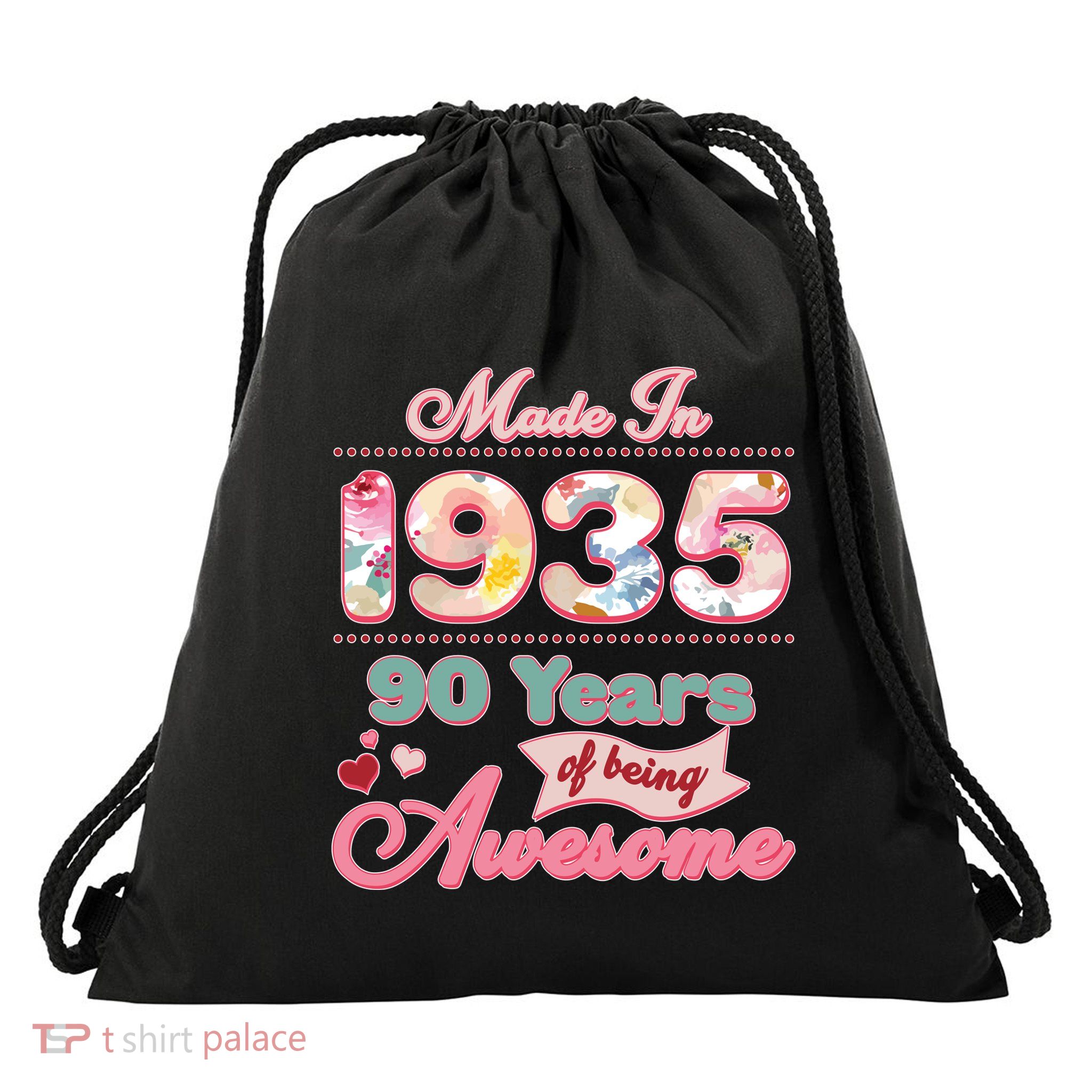 Pink Floral Made In 1935 90 Years Of Being Awesome Birthday Drawstring Bag