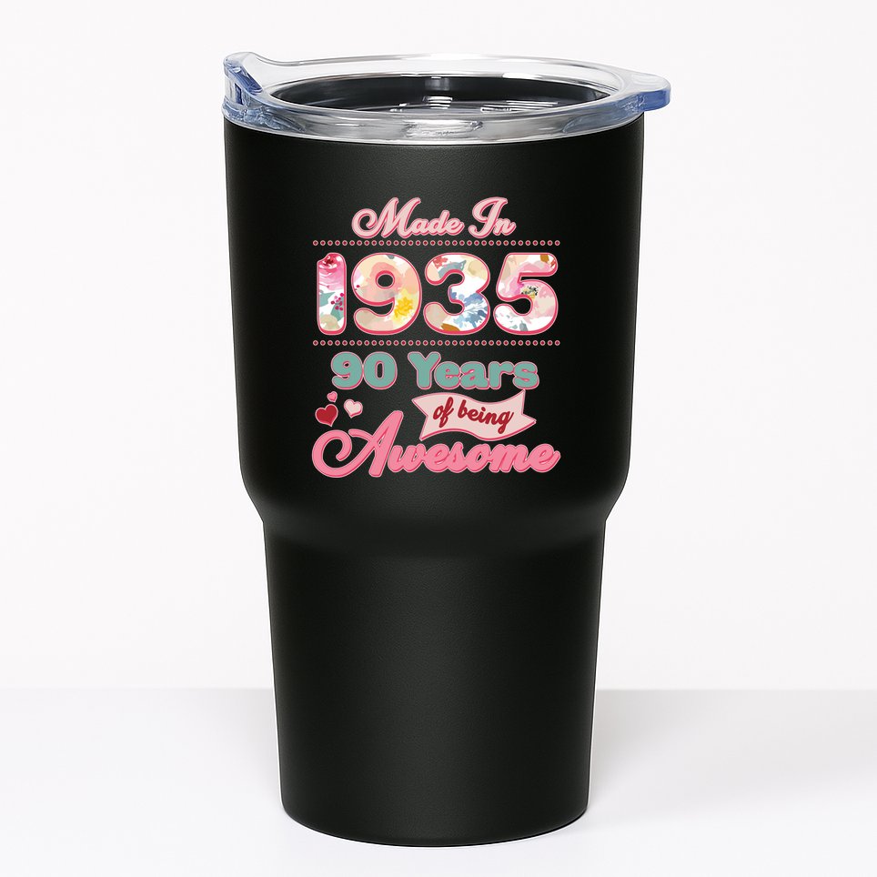 Pink Floral Made In 1935 90 Years Of Being Awesome Birthday Tumbler