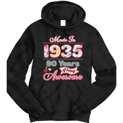 Pink Floral Made In 1935 90 Years Of Being Awesome Birthday Tie Dye Hoodie