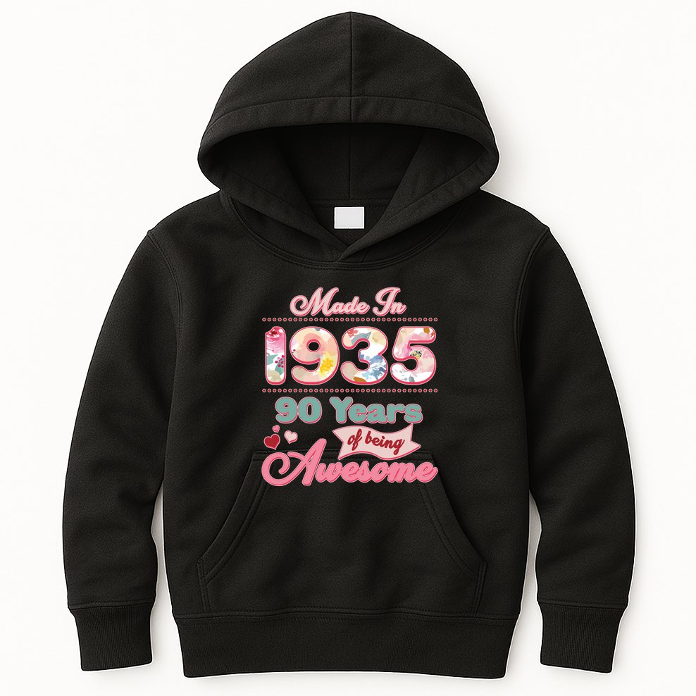 Pink Floral Made In 1935 90 Years Of Being Awesome Birthday Kids Hoodie