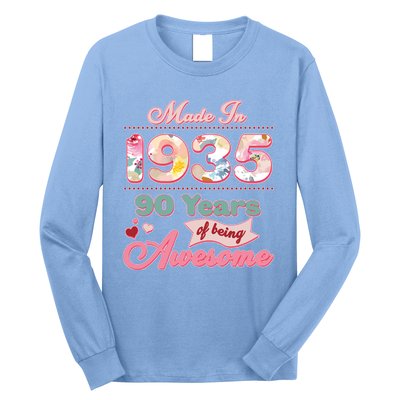 Pink Floral Made In 1935 90 Years Of Being Awesome Birthday Long Sleeve Shirt