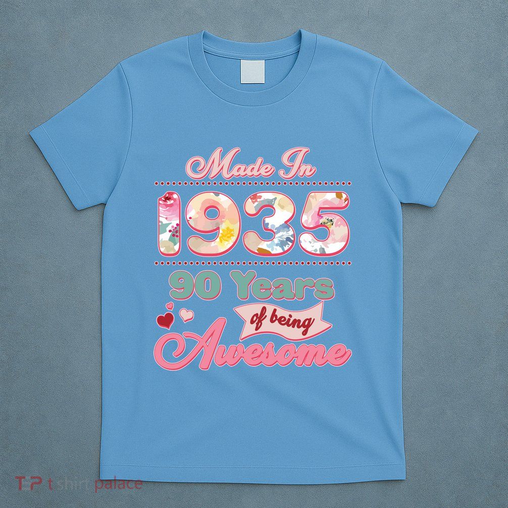 Pink Floral Made In 1935 90 Years Of Being Awesome Birthday T-Shirt