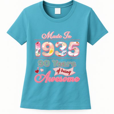Pink Floral Made In 1935 90 Years Of Being Awesome Birthday Womens T-Shirt