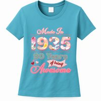 Pink Floral Made In 1935 90 Years Of Being Awesome Birthday Womens T-Shirt