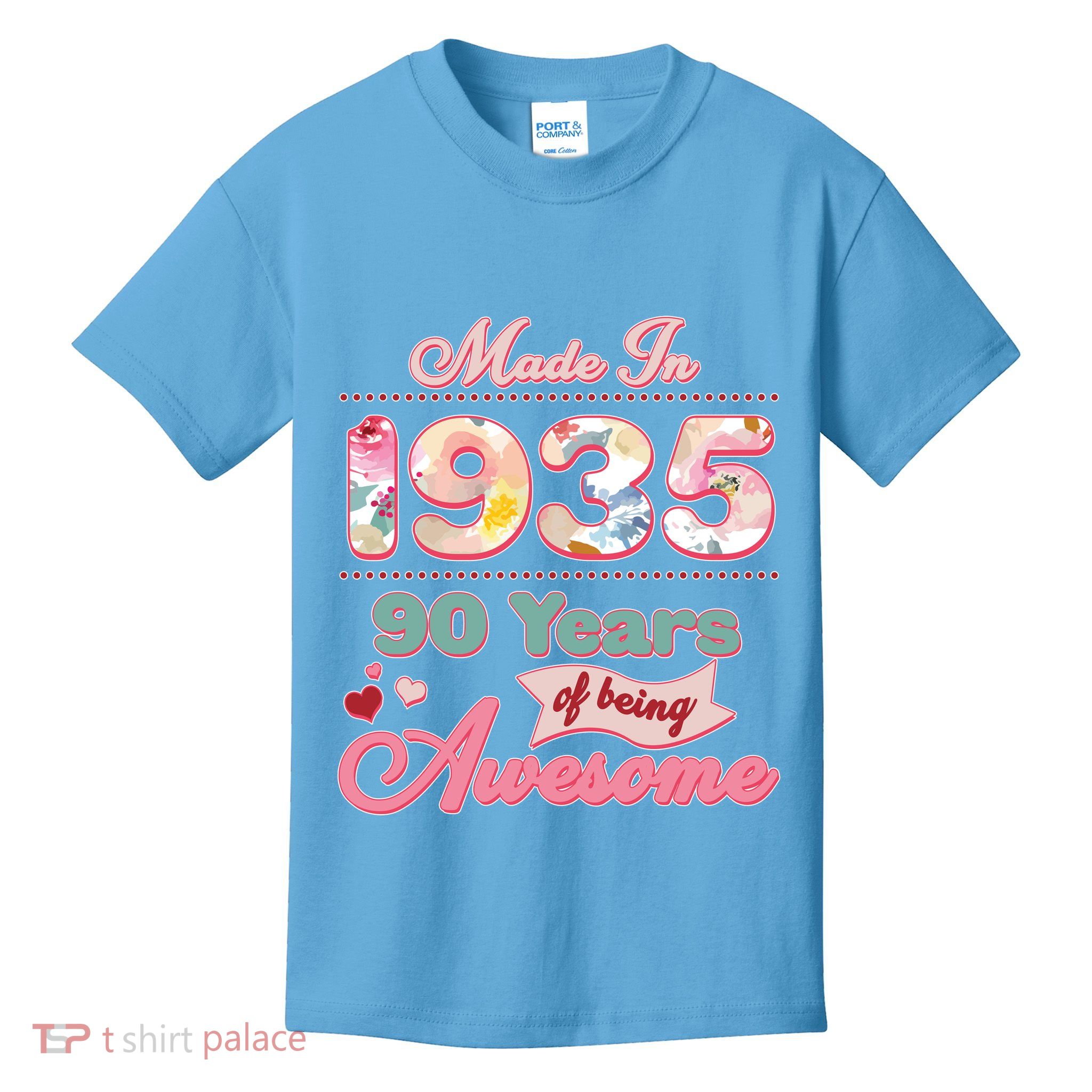 Pink Floral Made In 1935 90 Years Of Being Awesome Birthday Kids T-Shirt
