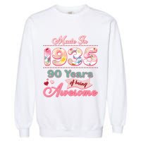 Pink Floral Made In 1935 90 Years Of Being Awesome Birthday Garment-Dyed Sweatshirt