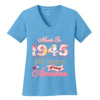 Pink Floral Made In 1945 80 Years Of Being Awesome Birthday Women's V-Neck T-Shirt