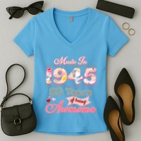 Pink Floral Made In 1945 80 Years Of Being Awesome Birthday Women's V-Neck T-Shirt