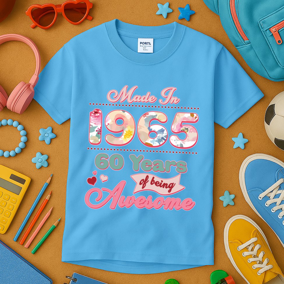 Pink Floral Made In 1965 60 Years Of Being Awesome Birthday Kids T-Shirt