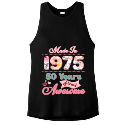 Pink Floral Made In 1975 50 Years Of Being Awesome Birthday Ladies PosiCharge Tri-Blend Wicking Tank