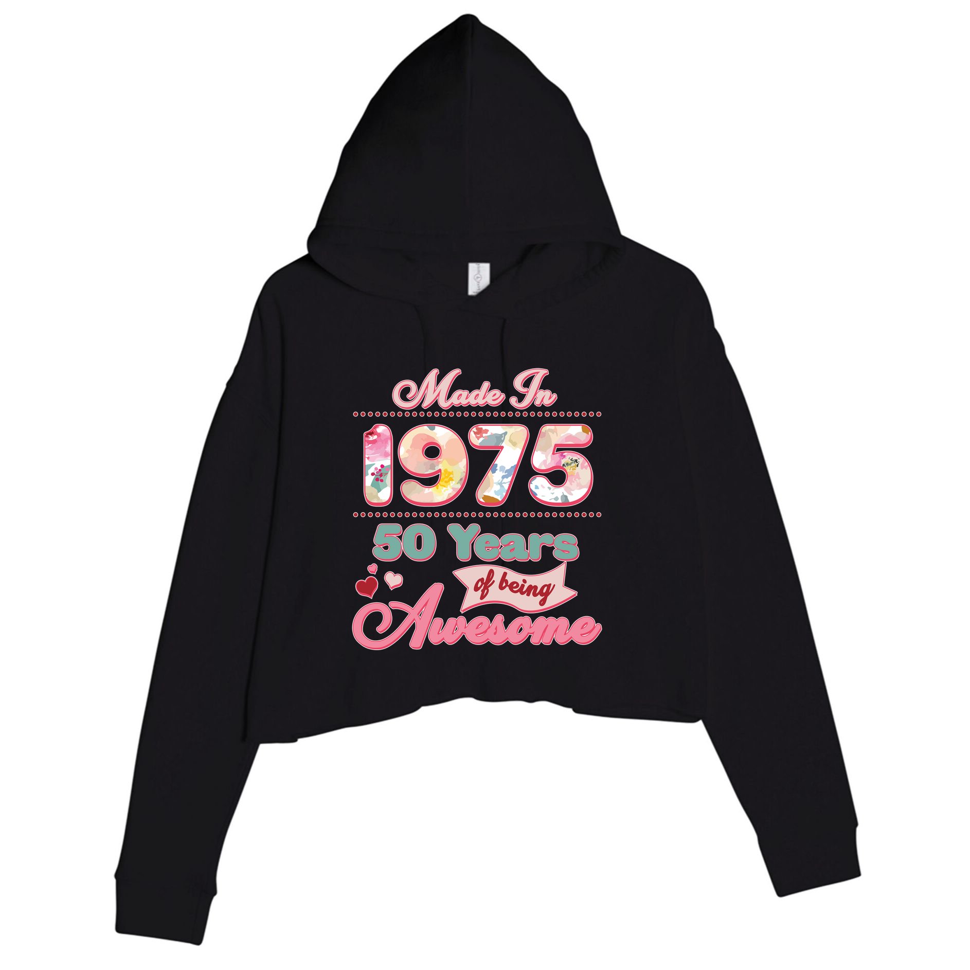 Pink Floral Made In 1975 50 Years Of Being Awesome Birthday Crop Fleece Hoodie