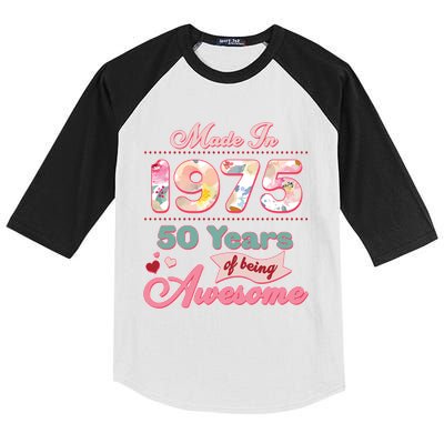 Pink Floral Made In 1975 50 Years Of Being Awesome Birthday Kids Colorblock Raglan Jersey