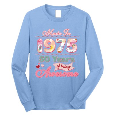 Pink Floral Made In 1975 50 Years Of Being Awesome Birthday Long Sleeve Shirt