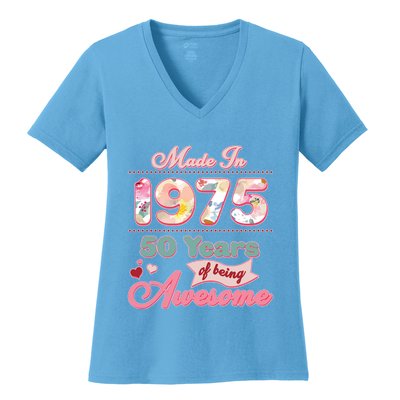 Pink Floral Made In 1975 50 Years Of Being Awesome Birthday Women's V-Neck T-Shirt