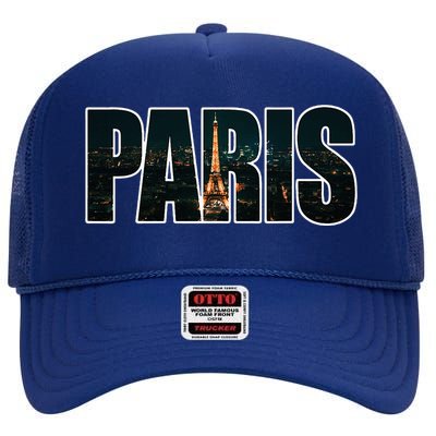 Paris France Night Skyline Urban Photography High Crown Mesh Back Trucker Hat