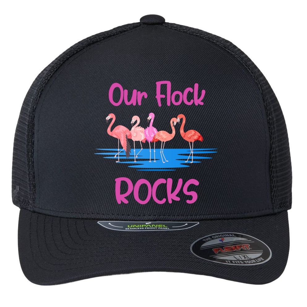 Pink Flamingo Our Flock Rocks Family Group Vacation Gift Flexfit Unipanel Trucker Cap