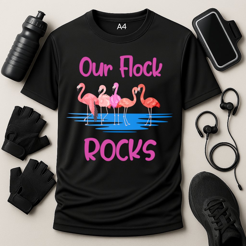 Pink Flamingo Our Flock Rocks Family Group Vacation Gift Cooling Performance Crew T-Shirt