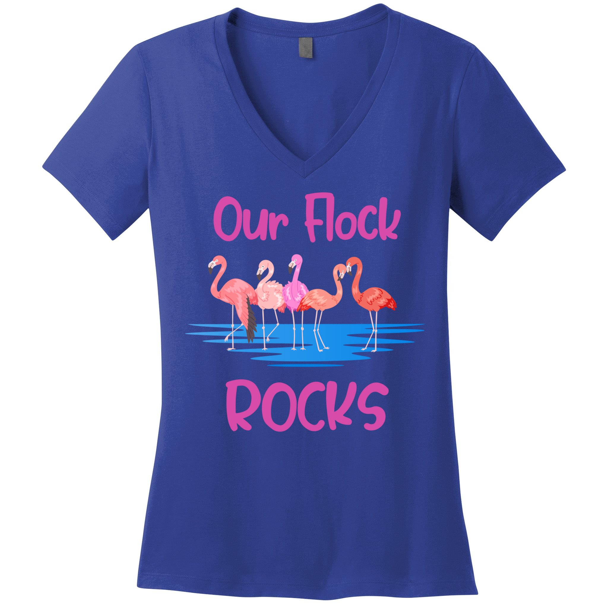 Pink Flamingo Our Flock Rocks Family Group Vacation Gift Women's V-Neck T-Shirt