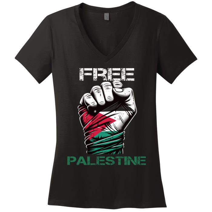 Palestine Free Palestine In Arabic Free Gaza Palestine Flag Design Women's V-Neck T-Shirt