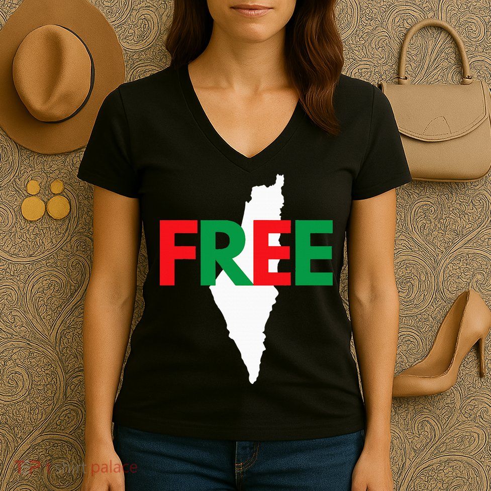 Palestine Free Palestine In Arabic Free Gaza Palestine Flag Women's V-Neck T-Shirt
