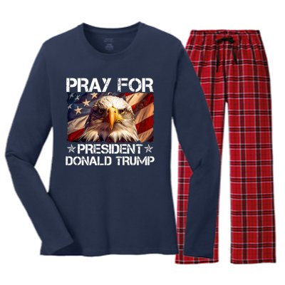 Pray For President Donald Trump American Flag Eagle Women's Long Sleeve Flannel Pajama Set 