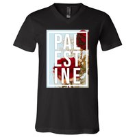 Palestine Free Palestine Free Gaza Palestine Flag Arabic Design V-Neck T-Shirt