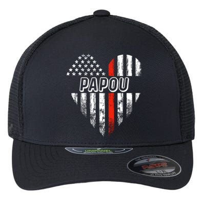 Proud Firefighter Papou American Flag Heart Gift Flexfit Unipanel Trucker Cap