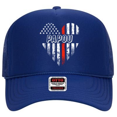 Proud Firefighter Papou American Flag Heart Gift High Crown Mesh Back Trucker Hat