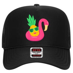 Pineapple Flamingo Pool Float Upside Down Pineapple High Crown Mesh Back Trucker Hat