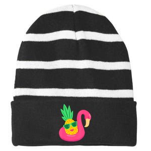 Pineapple Flamingo Pool Float Upside Down Pineapple Striped Beanie with Solid Band